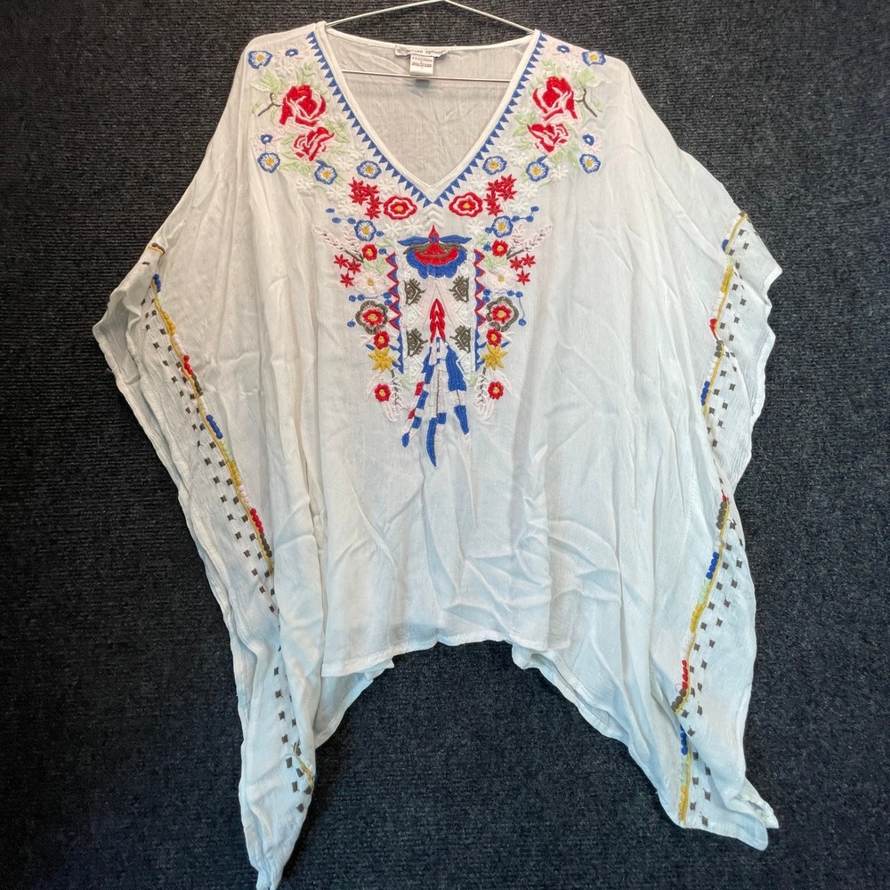 Cute Options Embroidered Poncho Top L White Boho Floral Festival Gauze Southwest